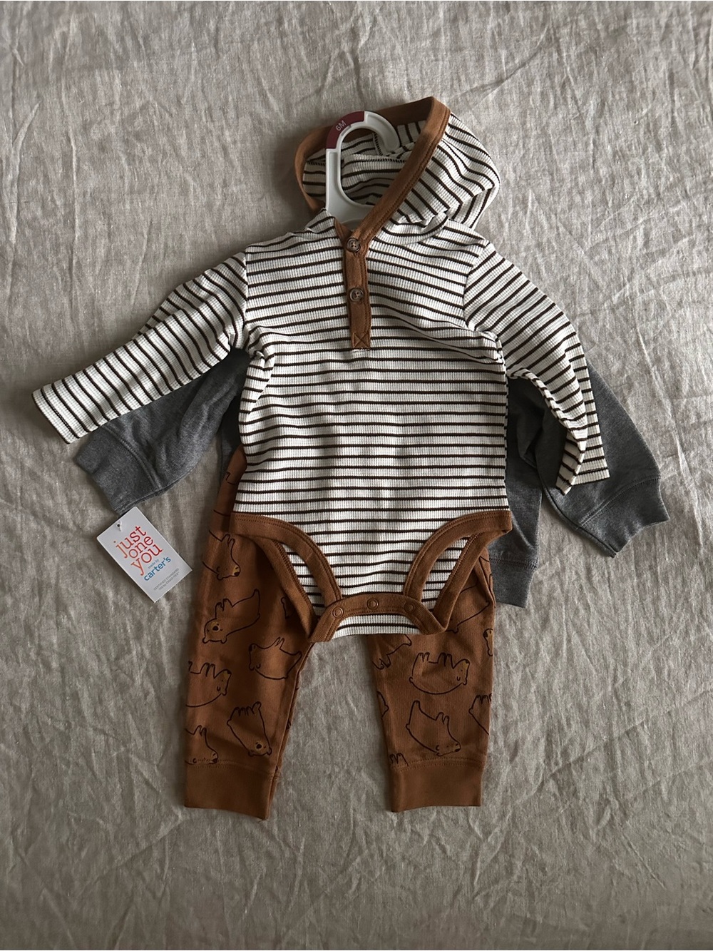 Carter's Striped Hooded brown and gray set - pants, body, sweatshirt